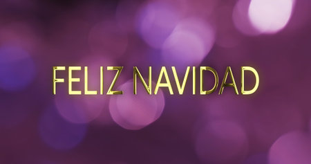 Image of feliz navidad text over purple spots of light background. Christmas, tradition and celebration concept digitally generated image.の写真素材