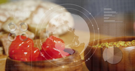 Image of statistics data processing globe over food in baskets in shop. Global business, retail, communication, digital interface, finance and data processing concept digitally generated image.の写真素材