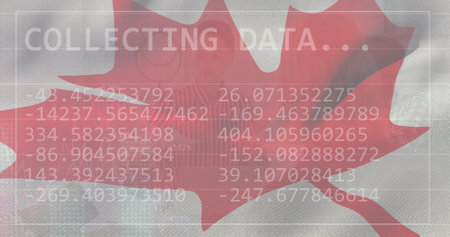 Image of statistics and data processing over flag of canada. Business, communication, digital interface, finance and data processing concept digitally generated image.の写真素材