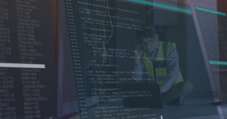 Image of data processing over asian male worker in server room. global technology and digital...