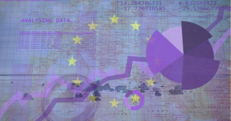Image of statistics and data processing over map of europe. Business, communication, digital...
