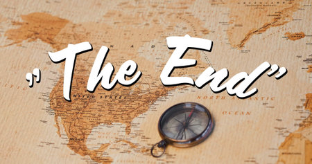 Digital image of a white The End sign appearing in the screen while background shows a world map and...