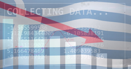 Image of statistics and data processing over waving flag of greece. Business, communication, digital interface, finance and data processing concept digitally generated image.の写真素材