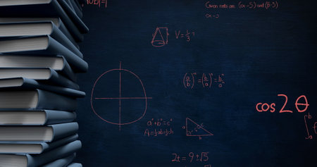 Digital image of a pile of books while mathematical equations and graphs move in the screen against a dark backgroundの写真素材