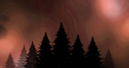 Digital composite of silhouette of pine trees with lightning in the sky and clouds in the backgroundの写真素材
