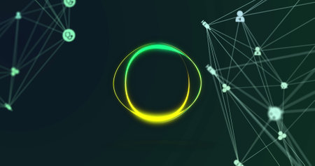 Image of icons and circles over network of connections. Global business and digital interface concept digitally generated image.の写真素材