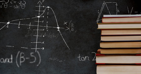 Digital image of a pile of books while mathematical equations and graphs move in the screen against...