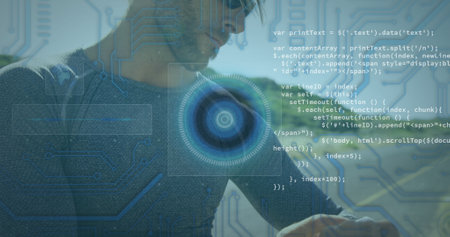 Image of scope scanning and data processing over man checking smartwatch. digital interface,...
