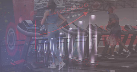 Image of graphs and statistics over diverse group wearing face masks working out. global covid 19pandemic concept digitally generated image.の写真素材