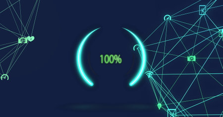 Image of icons and 100 percent over network of connections. Global business and digital interface...