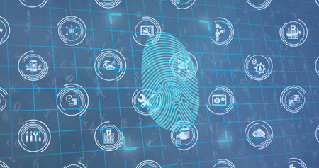 Image of multiple digital icons with biometric fingerprint on blue background. digital interface, connection and communication concept digitally generated image.の写真素材