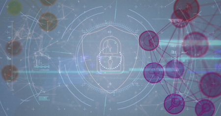 Image of networks of connections with online padlock security over grey background. digital...