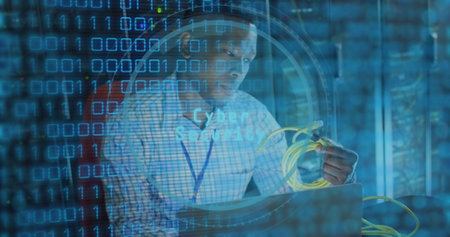 Image of data processing over african american male worker in server room. Global business and...