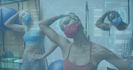 Image of graphs and statistics over diverse group wearing face masks working out. global covid...