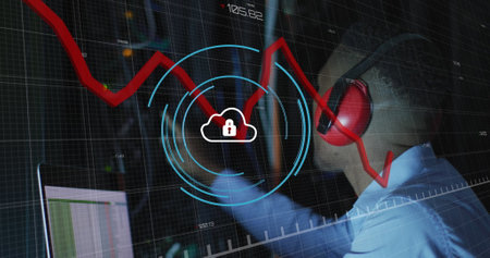 Image of data processing over african american male worker in server room. Global business and...