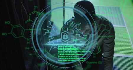 Image of data processing over african american male worker in server room. Global business and...