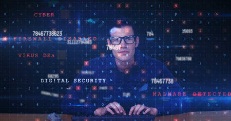 Image of scientific data processing over caucasian man using computer. global science, technology...