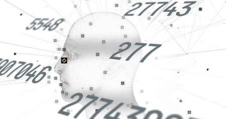 Image of scientific data processing over spinning model of human head on white background. global science, technology and digital interface concept digitally generated image.の写真素材