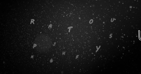 Image of floating letters on black background. global science, technology and digital interface concept digitally generated image.の写真素材