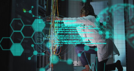 Image of data processing over african american female worker in server room. Global business and...