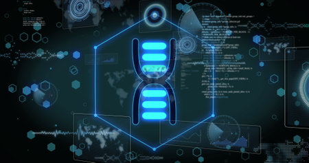 Image of data processing and dna strand on black background. Global medicine, research, science and...