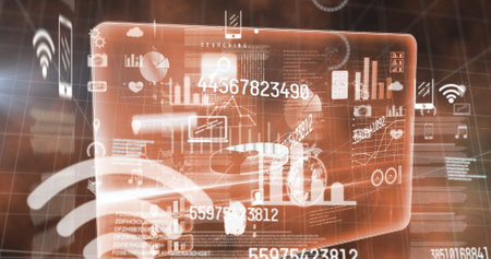 Image of numbers changing and digital icons over screen. digital interface, connection and communication concept digitally generated image.の写真素材