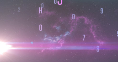 Image of floating letters and numbers on black background. global science, technology and digital...