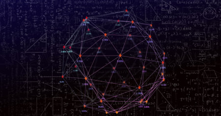 Image of mathematical equations and web of connections on black background. global science,...