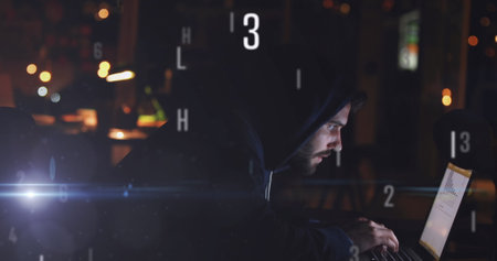 Image of data processing over caucasian hacker using computer. global science, technology and...