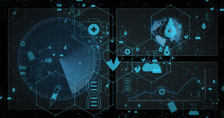 Image of medical icons and data processing with globe on black background. Global medicine and digital interface concept digitally generated image.の写真素材