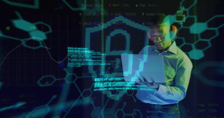 Image of data processing over african american male worker in server room. Global business and...