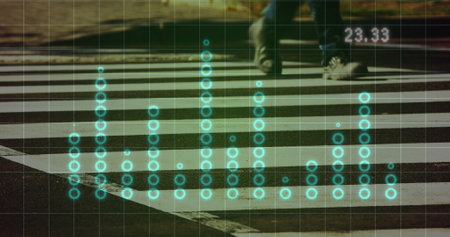 Image of graphs over timelapse with zebra crossing. Global network, connections, communication, data...