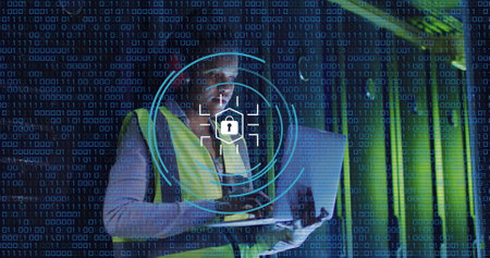 Image of data processing over african american female worker in server room. Global business and...
