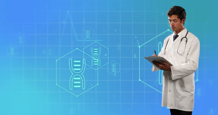 Image of medical icons and caucasian male doctor writing on clipboard on blue background. Global...