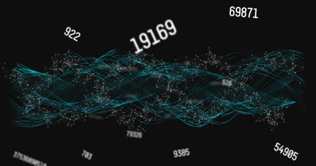 Image of web of connections and numbers on black background. global science, technology and digital...