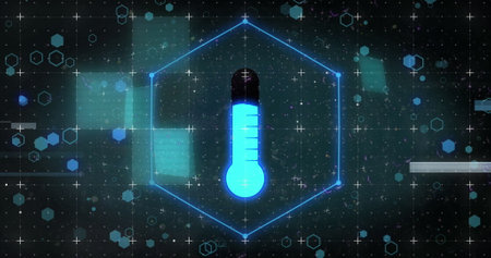 Image of interference and thermometer on black background. Global medicine, research, science and...
