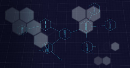 Image of shapes and network of connections with dna strands on black background. Global medicine and...