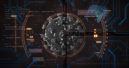 Image of covid 19 cell with scope scanning and data processing. global covid 19 pandemic, digital...