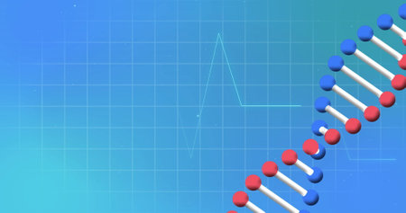 Image of cardiograph and dna strand on blue background. Global medicine and digital interface...