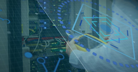 Image of scope scanning over technician checking computer server. digital interface, connection and...