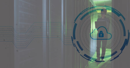 Image of data processing over asian male worker in server room. Global business and digital interface concept digitally generated image.の写真素材