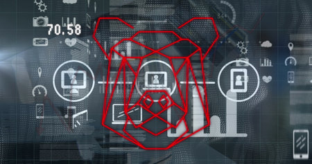 Image of tech icons, data and bear head on grey background. Global network, connections,...