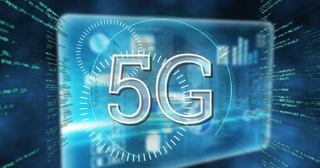Image of 5g text, scope scanning and data processing on screens. digital interface, global...