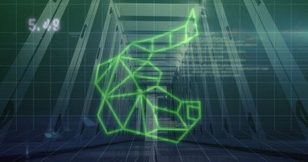 Image of data, numbers and bull head over servers. Global network, connections, communication, data processing, finance and technology concept digitally generated image.の写真素材