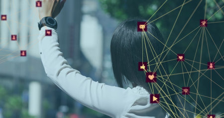 Image of network of connections with icons with woman stopping taxi in city. digital interface, global connection and communication concept digitally generated image.の写真素材