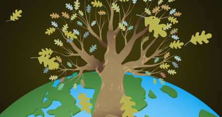 Image of leaves and tree over globe. environment, sustainability, ecology, renewable energy, global warming and climate change awareness.の写真素材