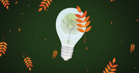 Image of leaves floating over bulb with tree on green background. environment, sustainability,...
