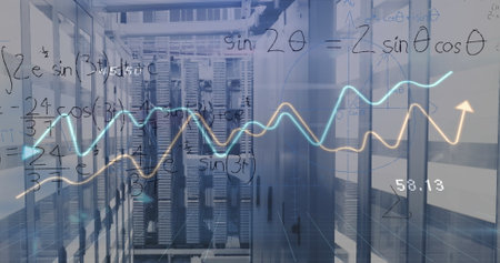 Image of graphs and math formulas over servers. Global network, connections, communication, data...