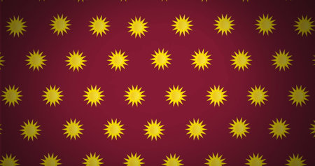 Image of multiple suns moving over red background. environment, sustainability, ecology, renewable energy, global warming and climate change awareness.の写真素材