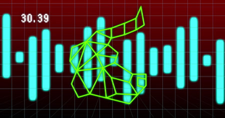 Image of graphs and bull symbol on dark red background. Network, finance, connections and technology concept digitally generated image.の写真素材